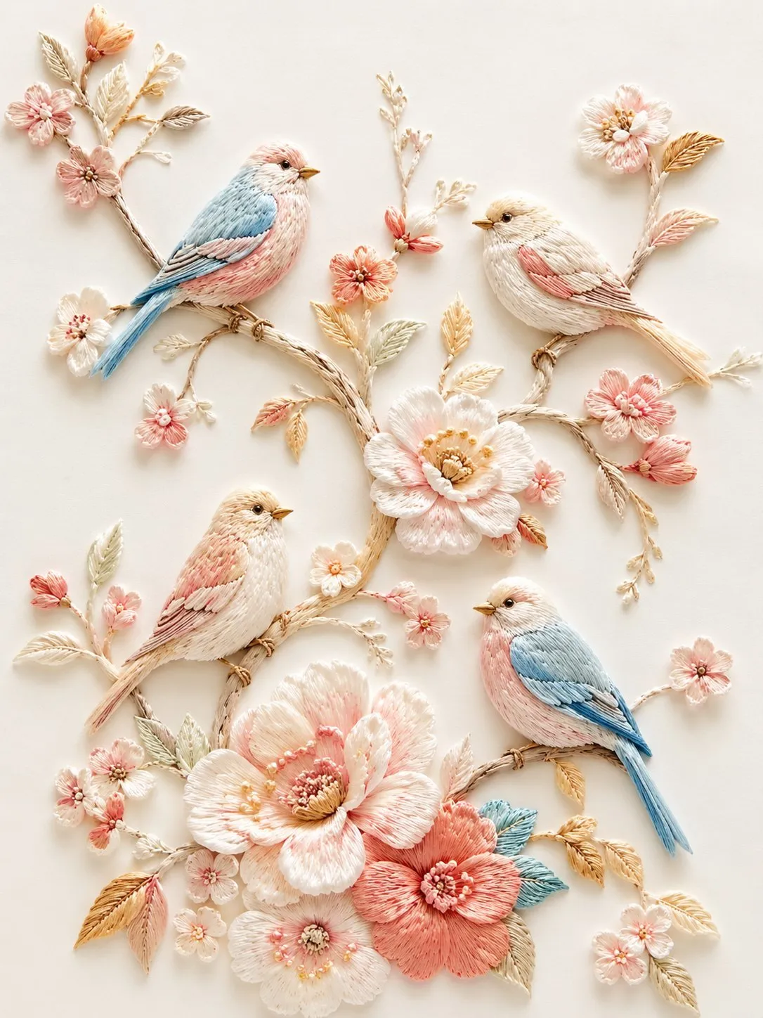 Exquisite Embroidered Birds on Floral Branches